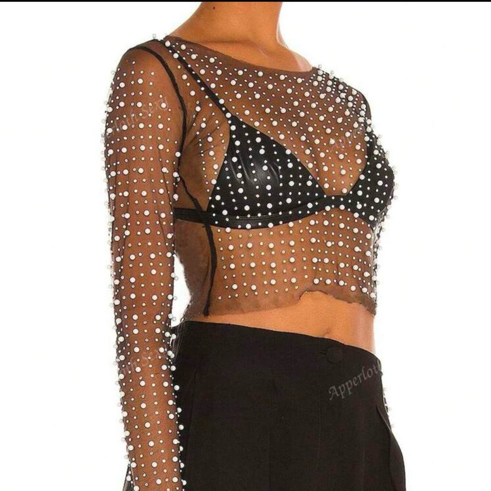 Beaded Pearl Sheer Mesh Crop